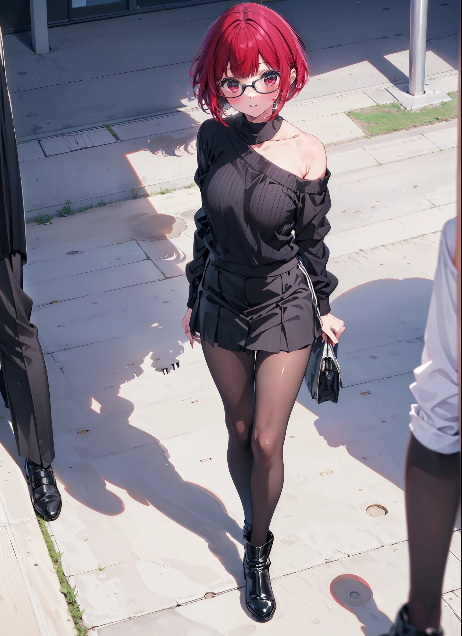 canary, Arima etc., short hair, bangs, (Red eyes:1.3), Redhead, Bobcut, smile,Open your mouth,One-shoulder sweater,mini skirt,Black pantyhose,short boots,Glasses,Walking,Daytime,Clear skies,whole bodyがイラストに入るように,
break outdoors,School courtyard,
break looking at viewer, whole body,
break (masterpiece:1.2), Highest quality, High resolution, unity 8k wallpaper, (figure:0.8), (Beautiful attention to detail:1.6), Highly detailed face, Perfect lighting, Highly detailed CG, (Perfect hands, Perfect Anatomy),