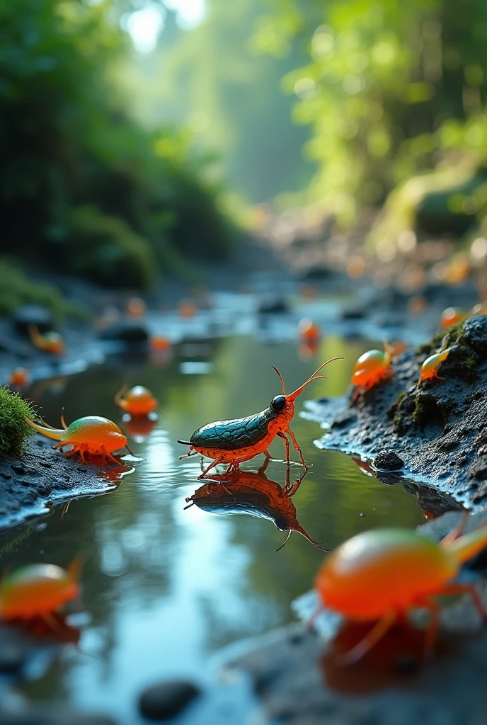 colorful, highly detailed macro shot of the complicated life in a puddle