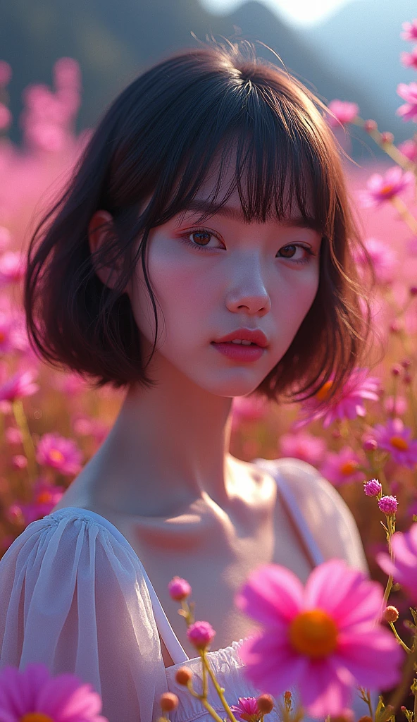 (masterpiece, top quality, best quality, official art, beautiful and aesthetic:1.2), (1girl), extreme detailed,(fractal art:1.3),colorful,highest detailed, neon azul,campo de flores, cabelo curto, franja do cabelo liso para direita,cabelo marrom.