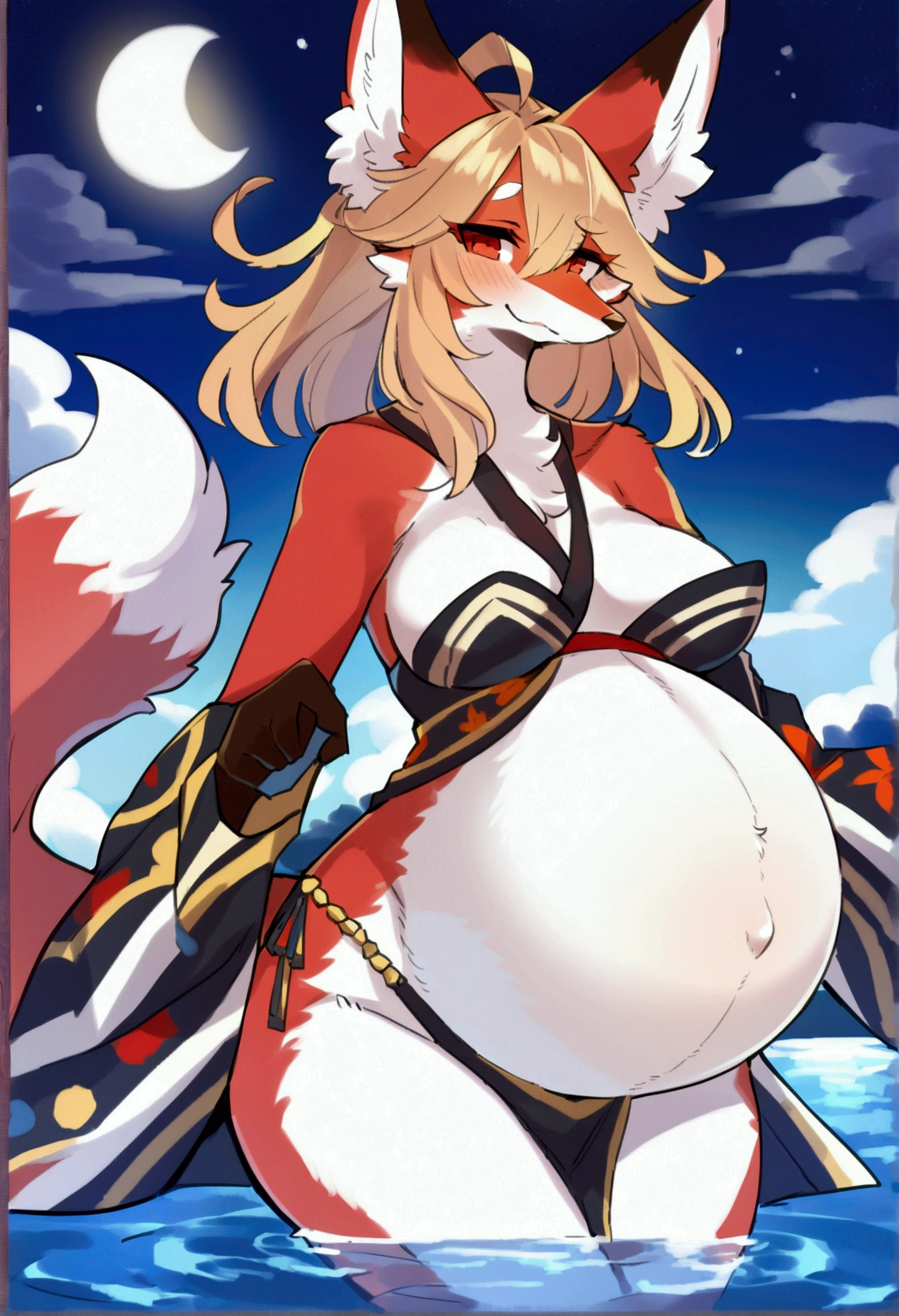 top quality, best quality, by lemoco, High-quality illustrations, masterpiece), (kemono, furry anthro), very beautiful and detailed body face and eyes, round, 1 female, fox, slim body, mature face, red furs, fluff, tail, hair, average breasts, perfect eyes, red eyes, beautiful kabuki clothes, beautiful night on lake, body movement, body twitching, beautiful pregnant, red blushing, clumsy,