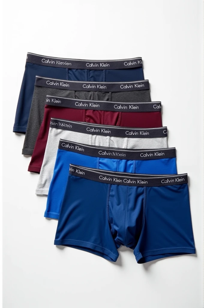 Place the 5 plain boxers on a white background, displaying the boxers that are navy blue, negro, red wine, Light grey and royal blue of professional forms to sell it, the brand of the boxers are calvin klein