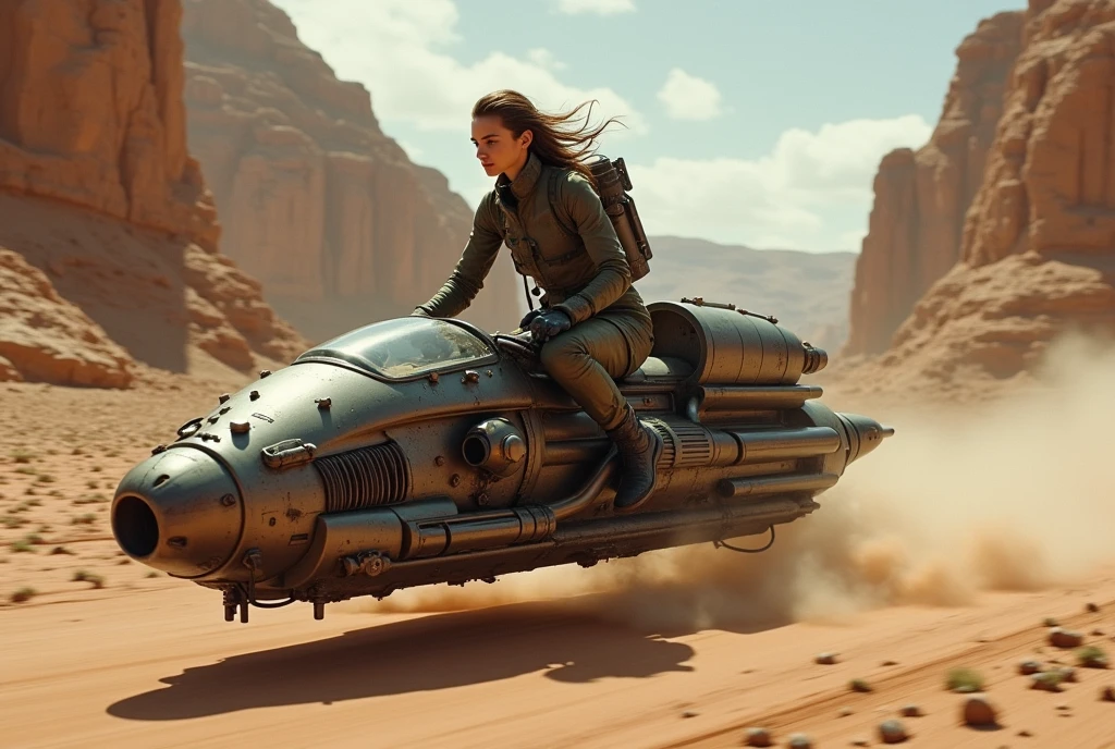 An old British military speeder bike with a single-seater levitation system、movie「Star Wars」Speeder Bike、Piloted by a woman in an assassin plug suit、Ancient Technology、Speeding, The machinery is exposed、Valley、