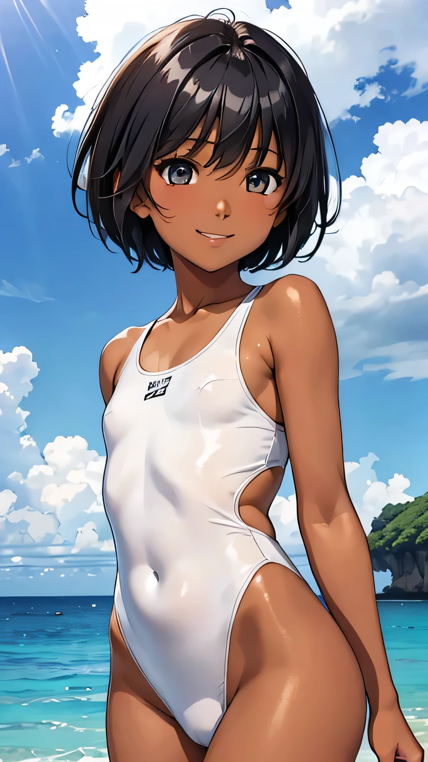 Highest quality、Realistic、、zoom、、Two people、Two people、Women、low length、cute、Light grey eyes、Black Hair、short hair、Tanned brown skin、Dark Skin、Blue swimsuit、Flat Chest、、thin、smile、Ocean