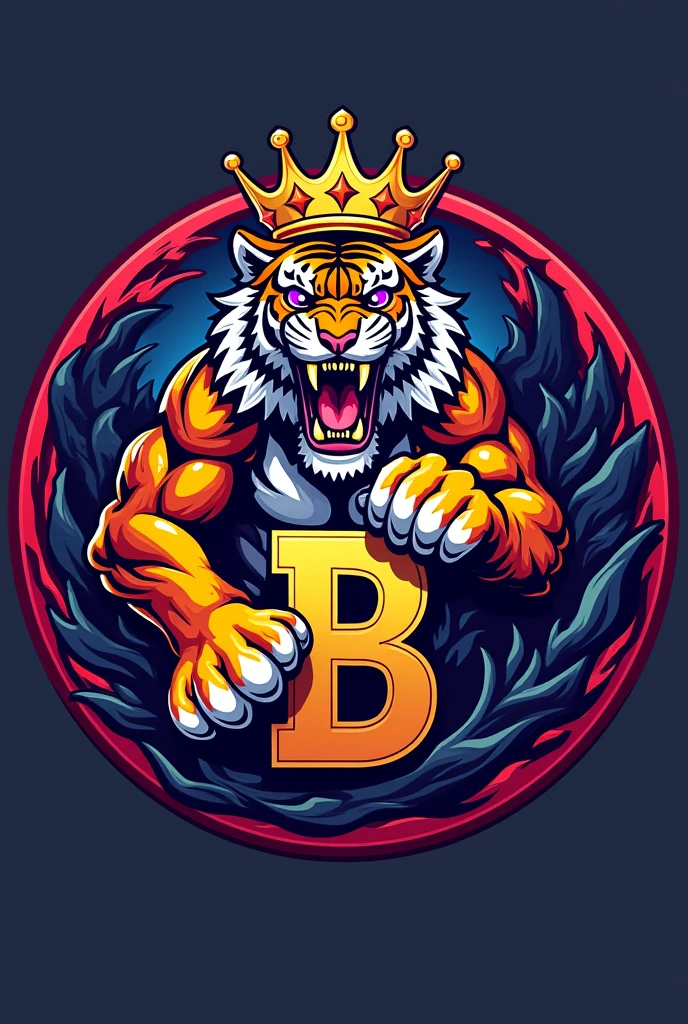 Make a circle logo, inside the circle a tiger with purple eyes and chaos with a golden crown and the letter B highlighted very brightly