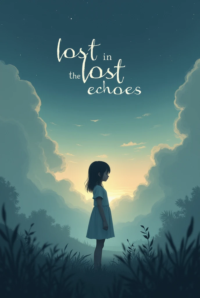 Create an image of a girl standing alone in a misty, twilight landscape. She should appear lost in thought, surrounded by soft, ethereal light. The sky is filled with fading stars and swirling fog, giving a sense of melancholy and longing. In the background, shadows dance and fade away, with distant echoes of memories in shades of grey. The overall atmosphere should evoke a sense of being 'lost in time,' with a blend of hope and despair. Include the text 'Lost in the Echoes' in the image, using a subtle, elegant font that blends with the mood of the scene.