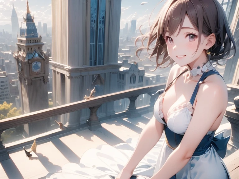 Highest quality、beautiful girl、magic使い、magic、witch、City、Above、building、rooftop、Daytime、looking at the camera、up