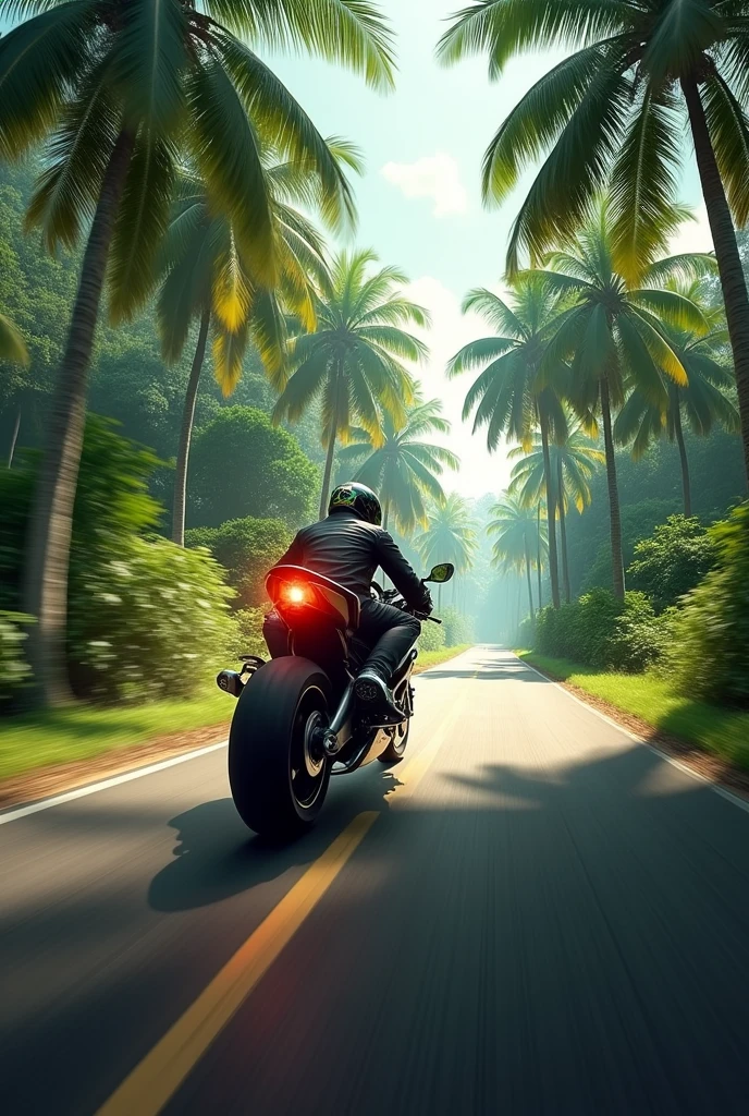 A motorcycle 🏍️ running in a forest and a Palm trees from both sides of the road 