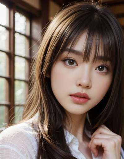 best quality, face focus, soft light, ultra high res, (photorealistic:1.4), RAW photo,
1japanese girl, solo, cute, (pupil, lights in the eyes),  detailed beautiful face, (small chest),(high resolution detail of human skin texture),
(long hair),
indoor,
Damask Shirt Dress,
(portrait)