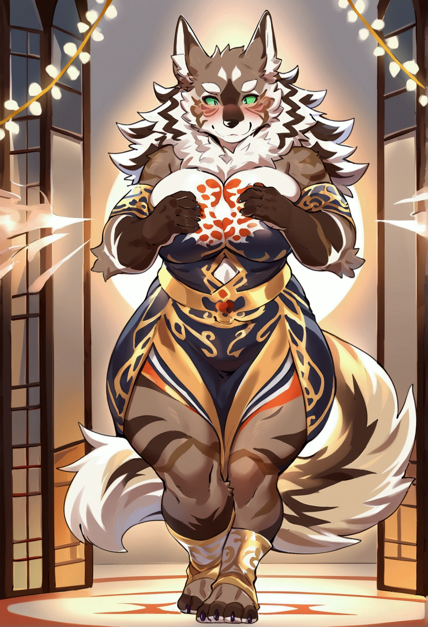 top quality, best quality, by estper, High-quality illustrations, masterpiece), (kemono, furry anthro), very beautiful and detailed body face and eyes, round, 1 female, jackal, Seth, (Tokyo Afterschool Summoners), slightly chubby, mature face, brown furs, fluffy, tail, big breasts, perfect eyes, green sclera eyes, beautiful kabuki dress, body movement, body twitching, red blushing, clumsy,