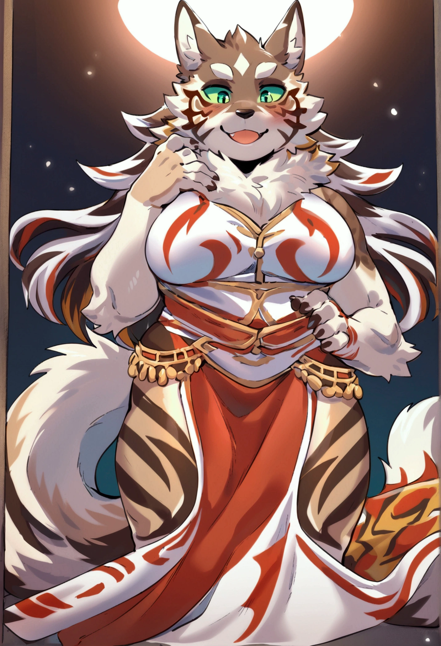 top quality, best quality, by estper, High-quality illustrations, masterpiece), (kemono, furry anthro), very beautiful and detailed body face and eyes, round, 1 female, jackal, Seth, (Tokyo Afterschool Summoners), slightly chubby, mature face, brown furs, fluffy, tail, big breasts, perfect eyes, green sclera eyes, beautiful kabuki dress, body movement, body twitching, red blushing, clumsy,