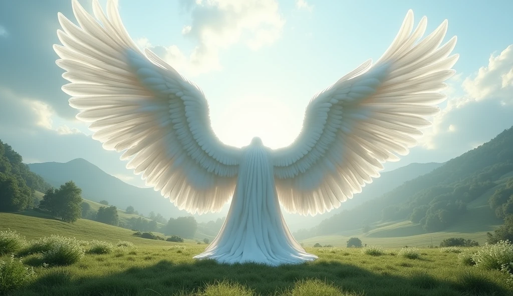 Long white folded angel wings lot of feathers ultra realistic in landscape 
