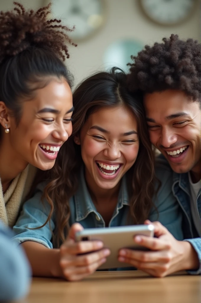 Visual Prompt: The friends gathered around a phone or computer, looking at the selfie. Everyone is laughing heartily, and the funny-faced friend is the center of attention, with a big smile.
Visual Prompt: The friends gathered around a phone or computer, looking at the selfie. Everyone is laughing heartily, and the funny-faced friend is the center of attention, with a big smile.
