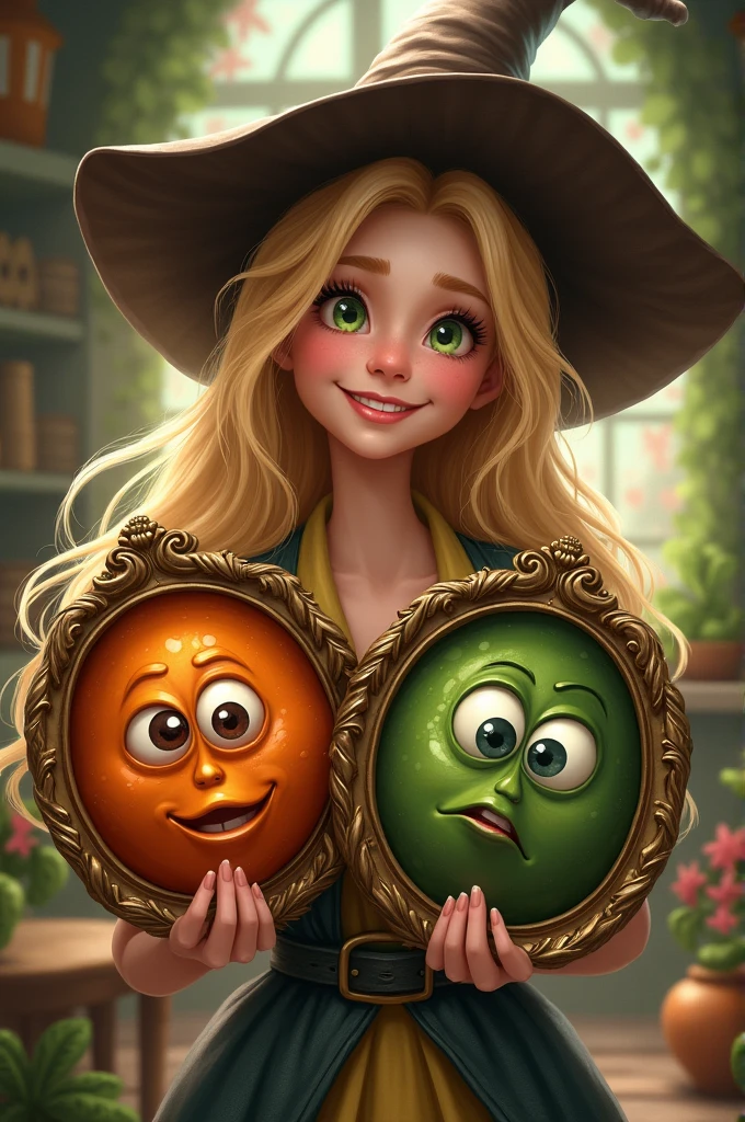 Cheerful Blonde Witch Holds Portraits of Vegetables with Eyes