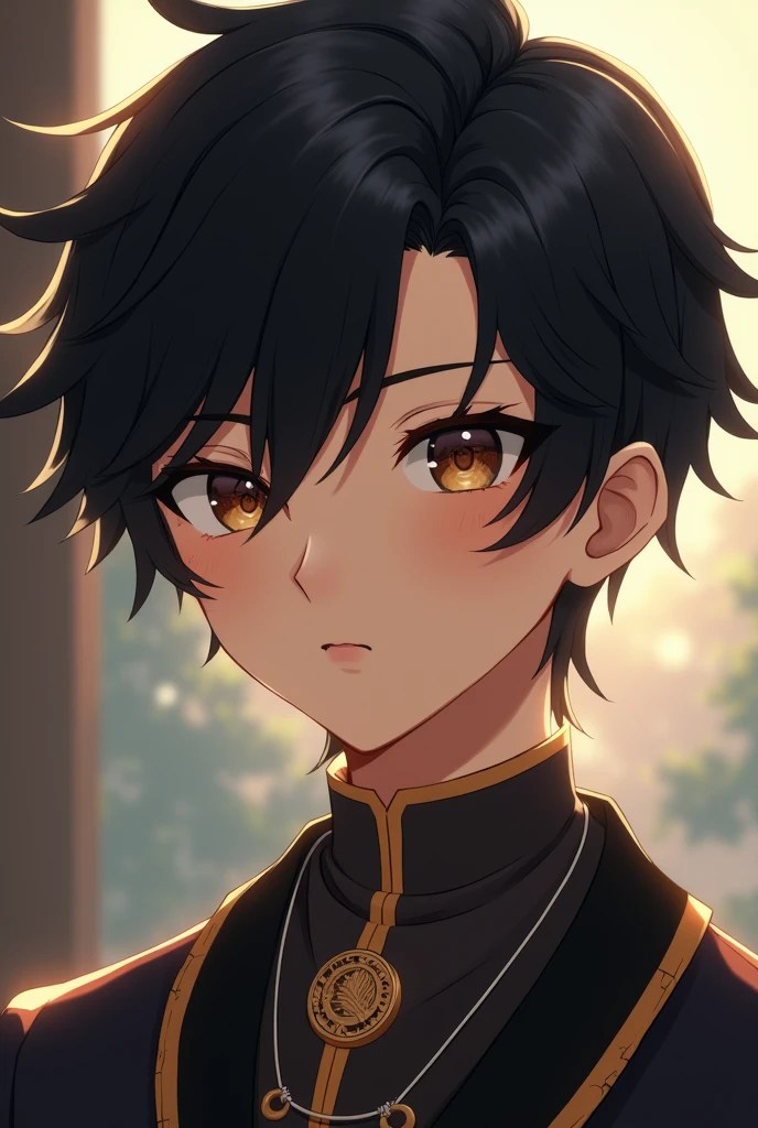 black haired anime boy with brown eyes/genshin impact boy design