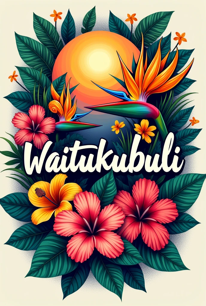 Create tropical flowers with the words 'Waitukubuli ', t-shirt design