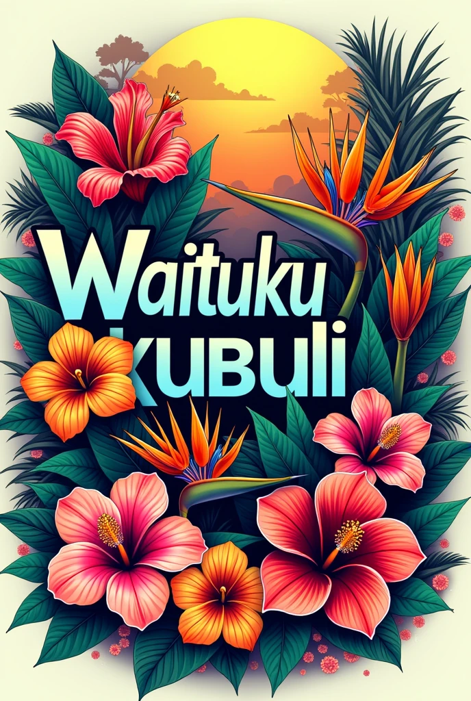 Create tropical flowers with the words 'Waitukubuli ', t-shirt design