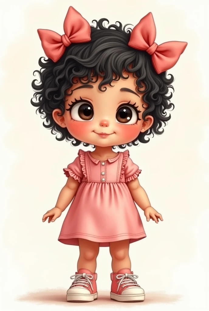 Drawing of a baby with hair with two bows in her short black curly hair, black eyes, brunette with a pink dress standing with sneakers on her feet