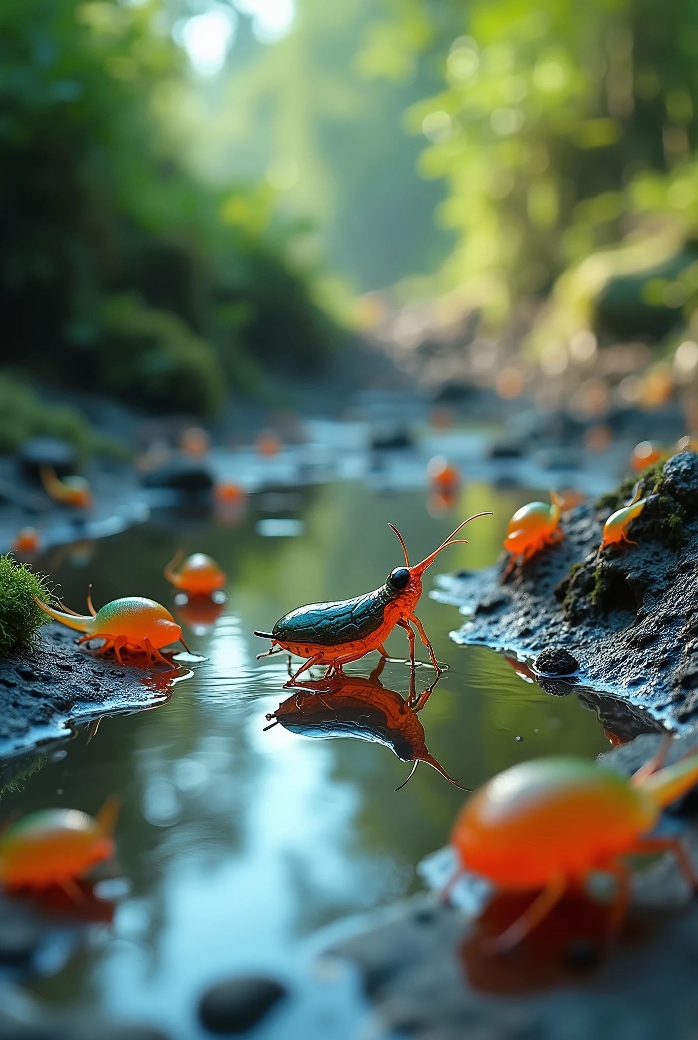 colorful, highly detailed macro shot of the complicated life in a puddle