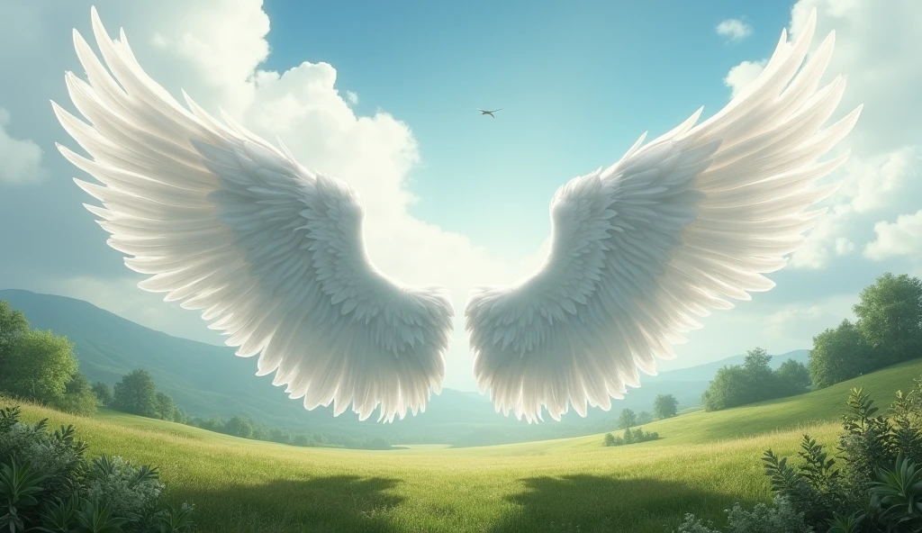 Long white folded angel wings lot of feathers ultra realistic in landscape