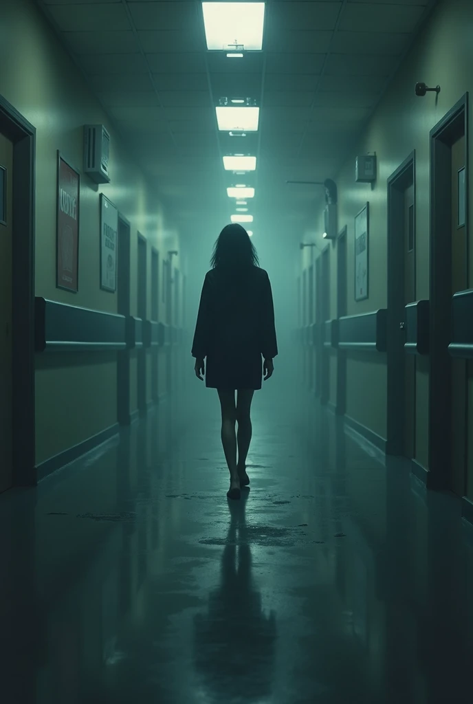 An woman alono in a hospital, alone, corridor, dark, horrible, water paint, walking, sexy girl, no face to the camera, walking her way forword, dark ambient, too long corridor, too much free space