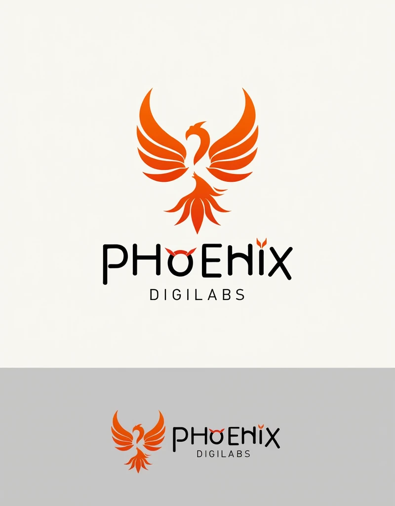 Draw a business logo name Phoenix Digilabs and it is a company of digital services like softwars and graphics and design a logo according to the name and write the name too