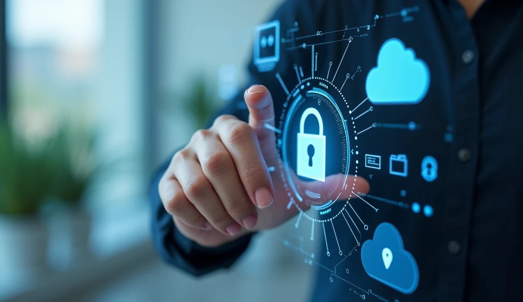 Create a hyper-realistic image featuring a hand holding a stylus, poised to interact with a transparent, holographic interface. The holographic display should showcase advanced cybersecurity elements, including a padlock icon, cloud computing symbols, and intricate lines of code or circuit diagrams. The background is softly blurred, with subtle light filtering through, emphasizing the futuristic technology in use. The overall scene should exude a sense of cutting-edge digital security and innovation, with the holographic elements appearing crisp, clear, and seamlessly integrated into the environment. The lighting should be natural yet slightly cool, reinforcing the high-tech ambiance of the image