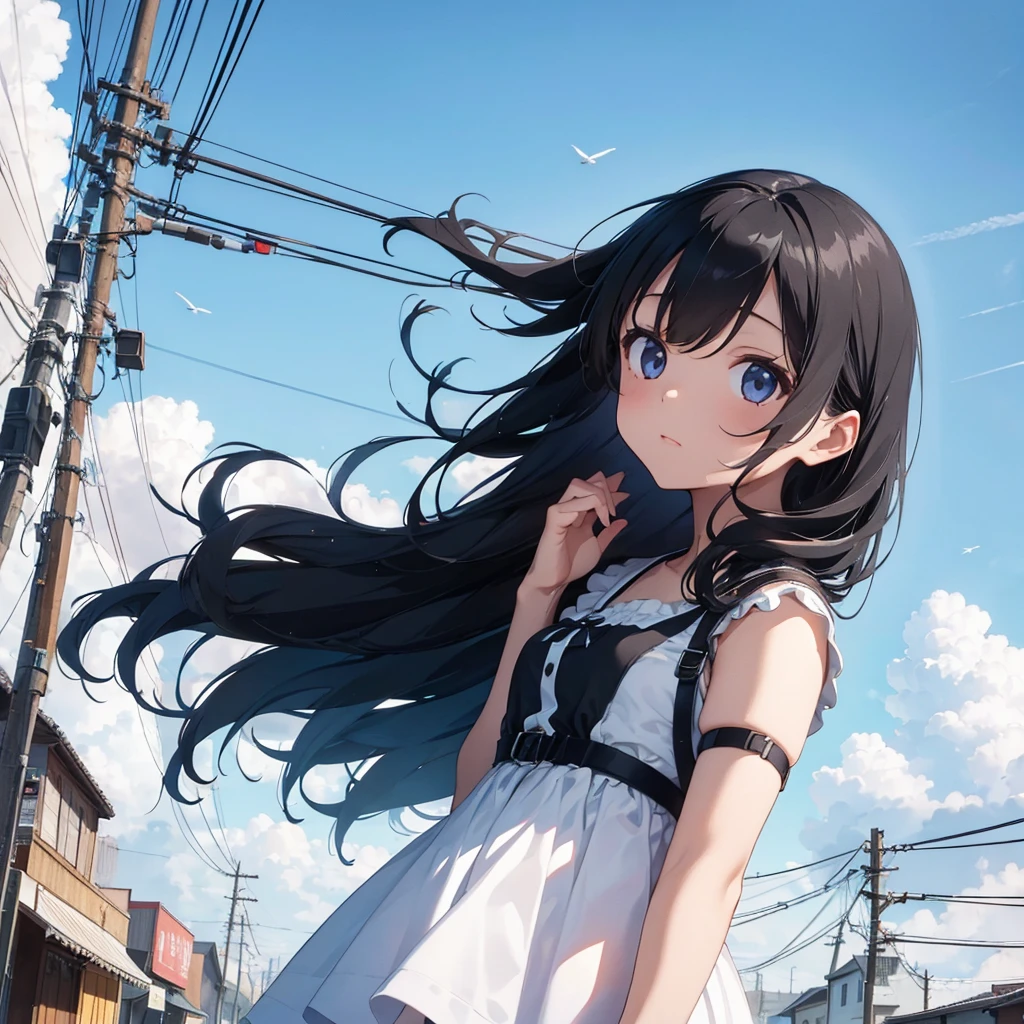 Girl, black hair, white dress, looking up, blue sky, lots of electric wires, pylon, crow