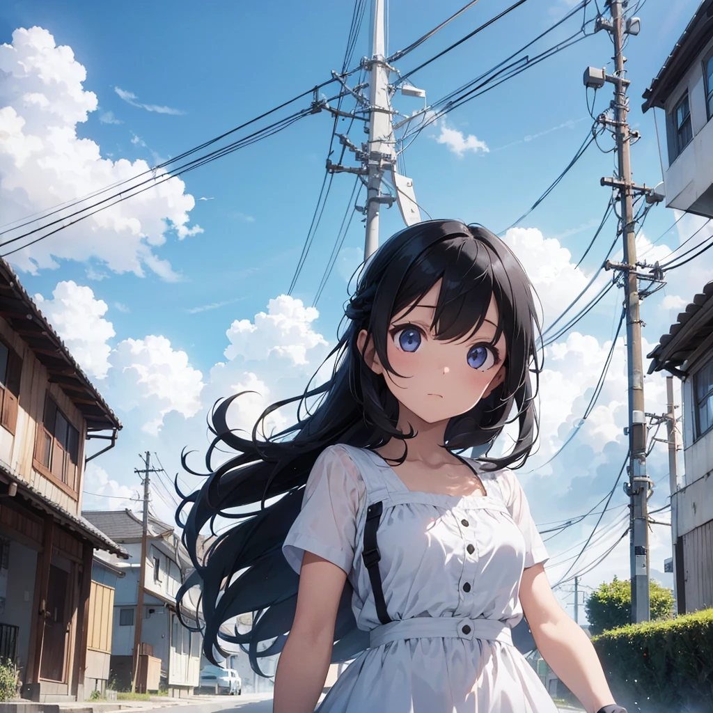 Girl, black hair, white dress, looking up, blue sky, lots of electric wires, pylon, crow