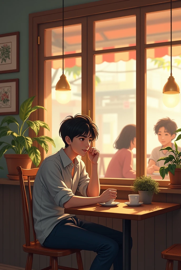 A young man with black hair sitting in a coffee shop and a few people.