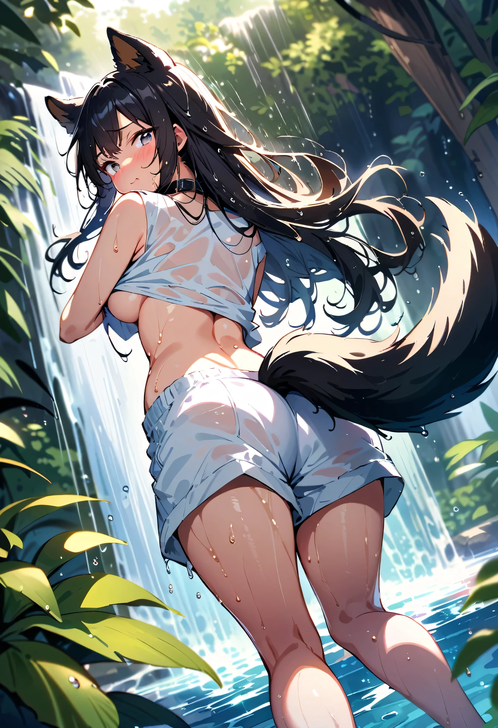 cute dog girl, nsfw, (((showering in a waterfall))), (((big oversized white shorts))), (((white sleeveless crop top))) ((((((embarrassed expression)))))), ((mouth closed)), (((((taking off shirt))))), ((((undressing)))), (((underboob))), (((grey eyes))), (((((((looking back at viewer))))))), ((((((((viewed from behind)))))))), (((focal point))), ((full body shot)), ((dynamic angle)), (((long hair))), (black hair, wet and shiny), (((dripping wet body))), (dog ears), (dog tail), (black dog collar), ((detailed water droplets, sunlight filtering through trees)), ((dynamic and beautiful lighting)), BREAK, masterpiece, UHD, detailed and high quality, serene atmosphere, vibrant colors, flowing water, detailed background, joyful mood, intricate details, natural beauty