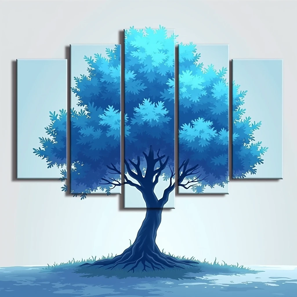 A five-panel canvas print of a modern anime-style medium shot of a tree with blue leaves. The tree is the focal point of the image, and it is surrounded by a grey background. The image has a modern and contemporary feel, and it would be a great addition to any home or office.