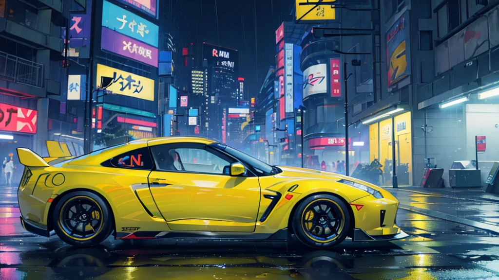 Cyberpunk City, futuristic, heavy rain, 8k, anime wallpaper 8k, yellow Nissan GTR car, absurdists, Super sharp, night, street, Japan, Blue atmosphere, raindrop, yellow futuristic Nissan GTR