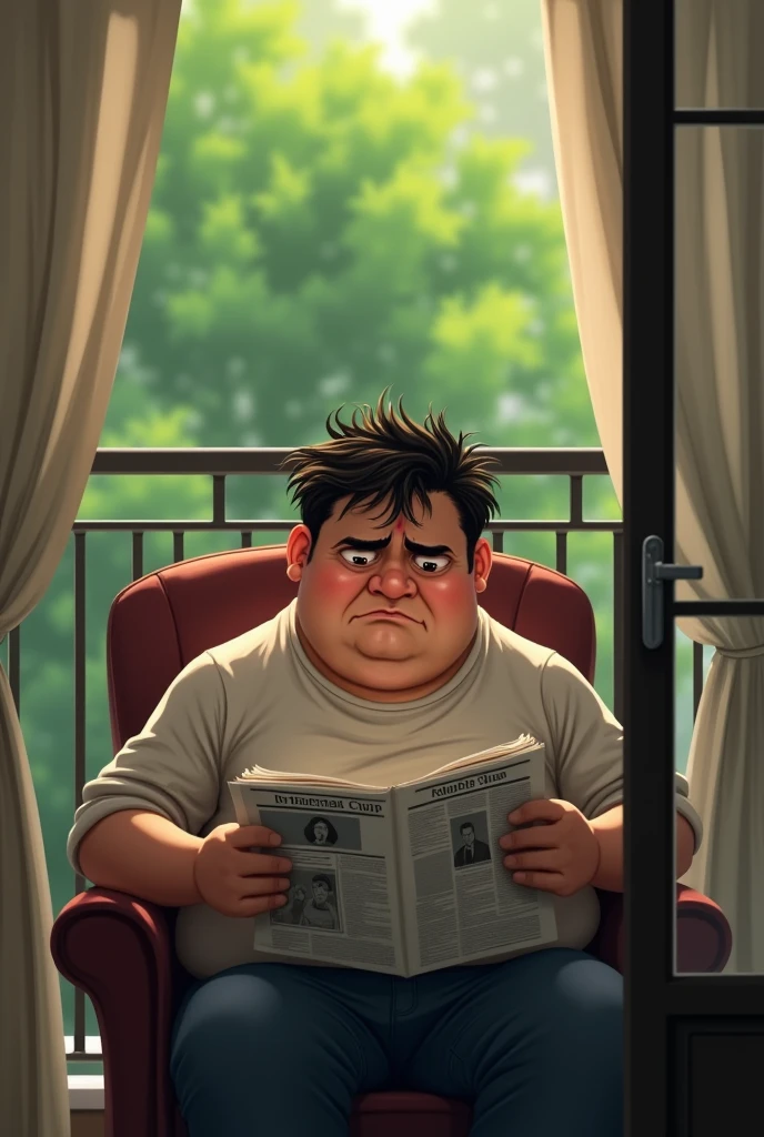 A fat young man with scattered hair is sitting on a chair on his balcony and reading the newspaper in worry. In the background there are curtains and plants which are blurred