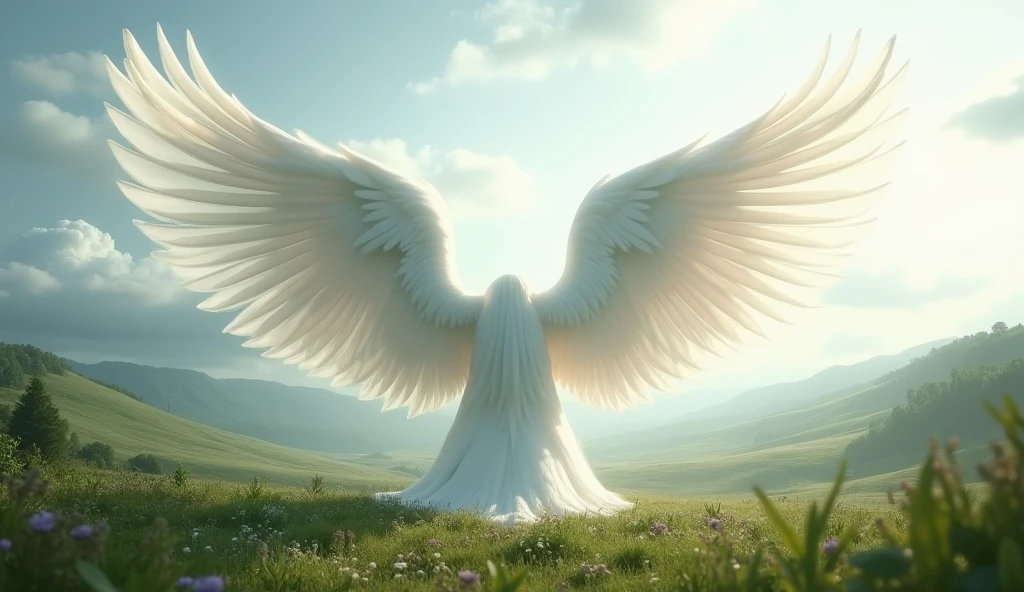 Long white folded angel wings lot of feathers ultra realistic in landscape