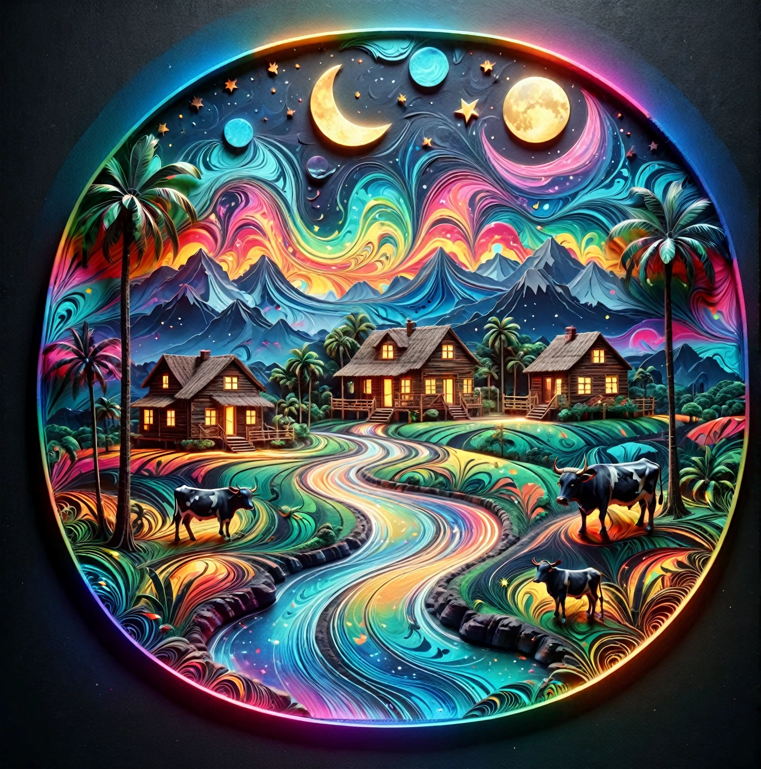 Paper cut art (((masterpiece))),best quality, illustration, African map, within African map we see a night sky, cloud, banana plantation, star \(symbol\), cows, no humans, night, birds, moon, building, star \(sky\), night sky, scenery, starry sky, grass, house, trees, waterfall, birds in the sky, African map, vibrant color scheme, Soft light,(warm color:1.2),Water color painting, light background, best quality exquisite details,3d rendering,Octane render, pastel, paper_cut, sticker , , t-shirt design to print 