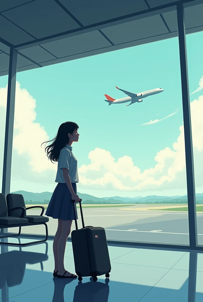 Create a cover image where a girl with log gage is waiting from backside and looking thinking and waiting at airport waiting room and one plane is flying in air showing runway. This image is for the book cover. Make it artistic 