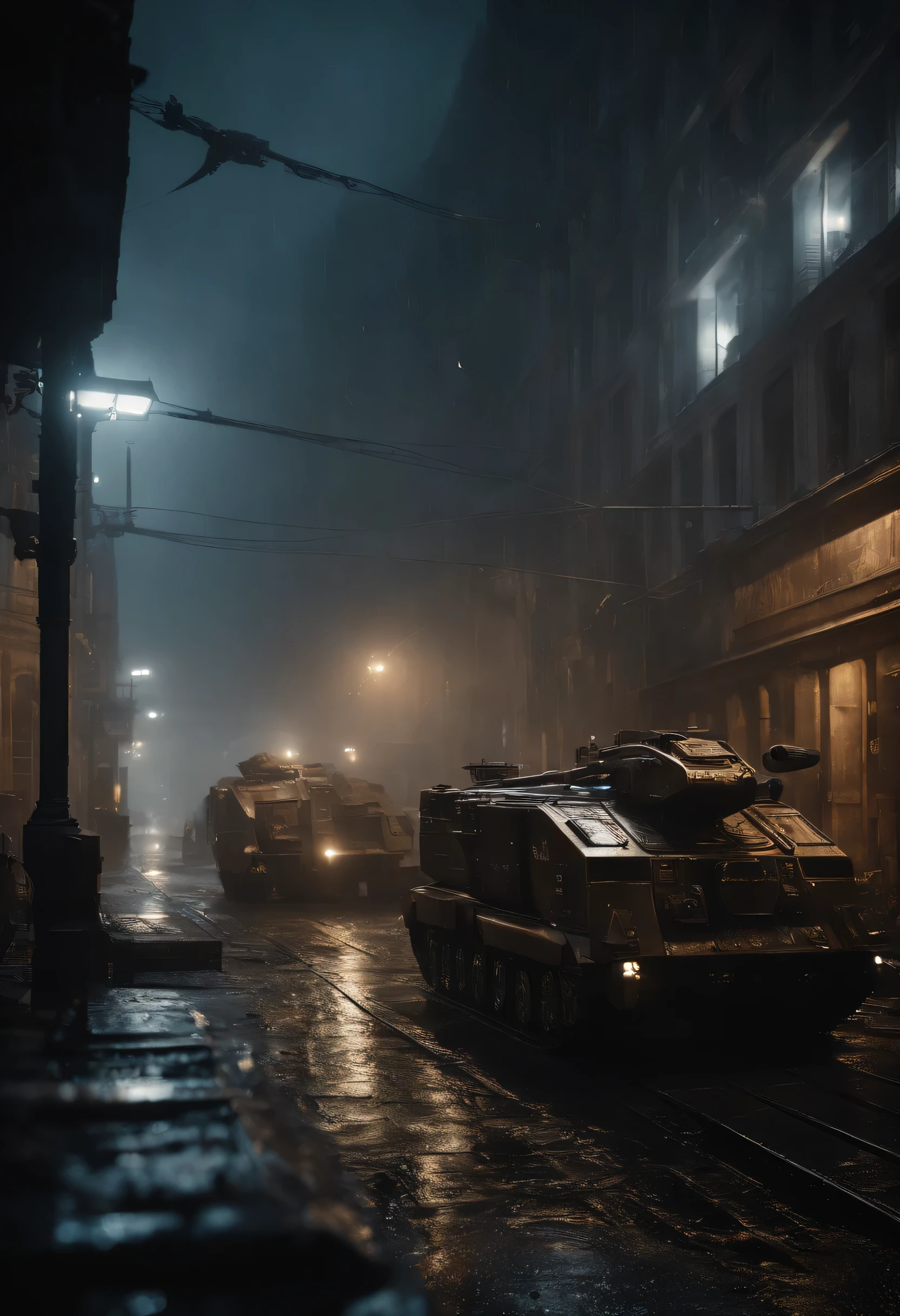 Warhammer 40k, Urban setting, Rainy night, sci fi, large square, dense, Scrap metals