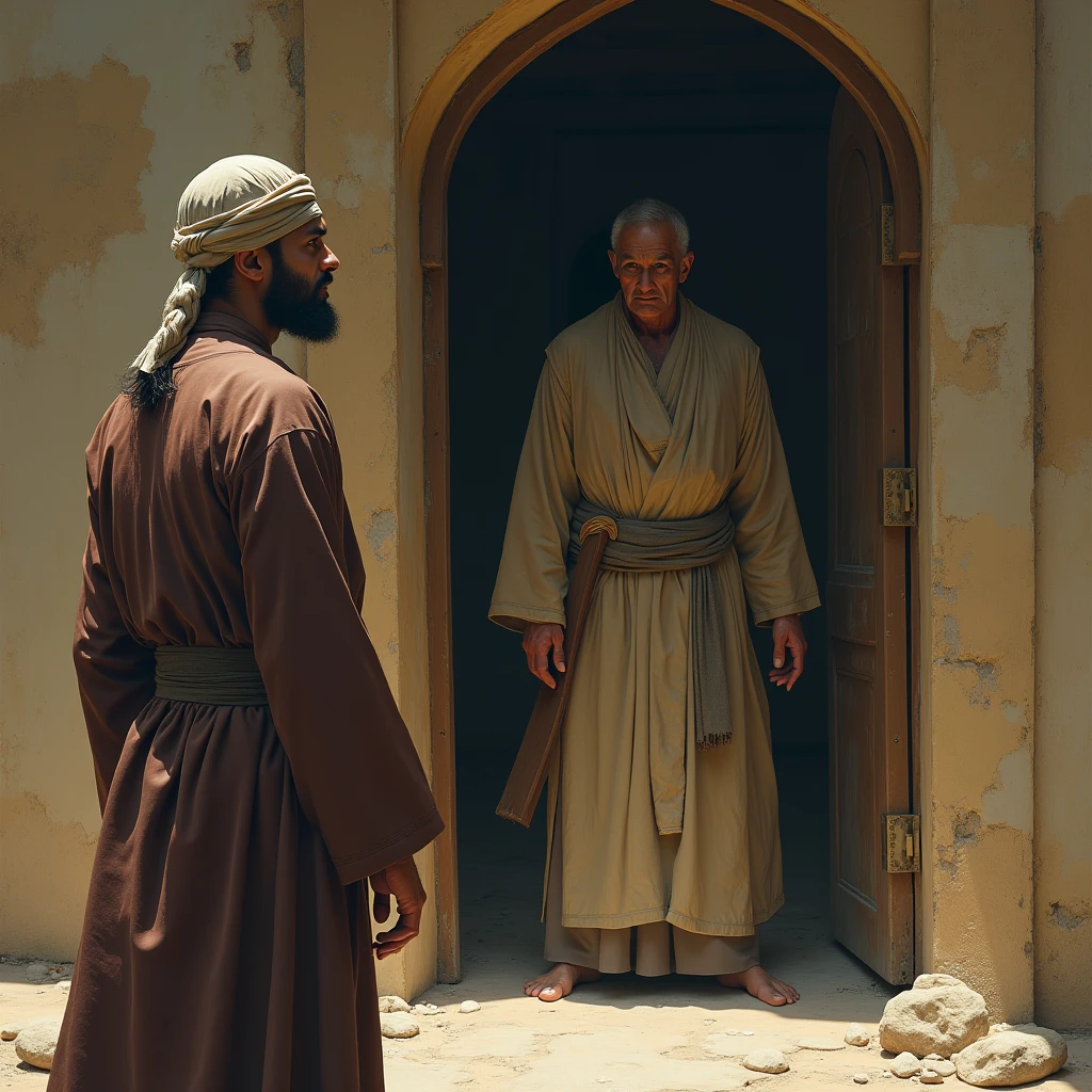 A fakir stood in front of a door and smiled. A man standing inside the door had a worried expression on his face