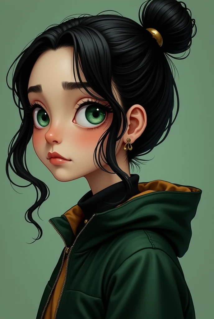 severus snape's daughter, ar old,black hair, green eyes ,,gymnast girl with back to back with bun
