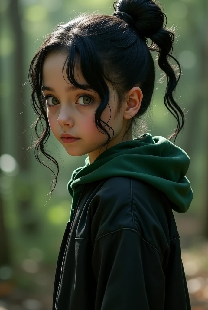 severus snape's daughter, ar old,black hair, green eyes ,,gymnast girl with back to back with bun