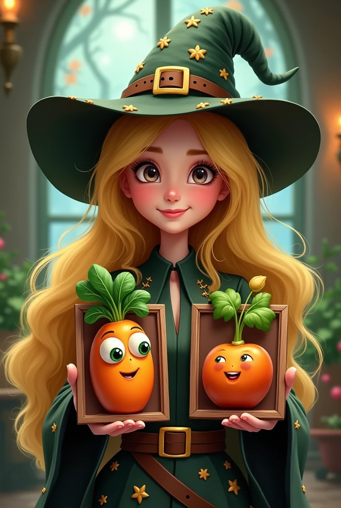 Cheerful Blonde Witch Holds Portraits of Vegetables with Eyes