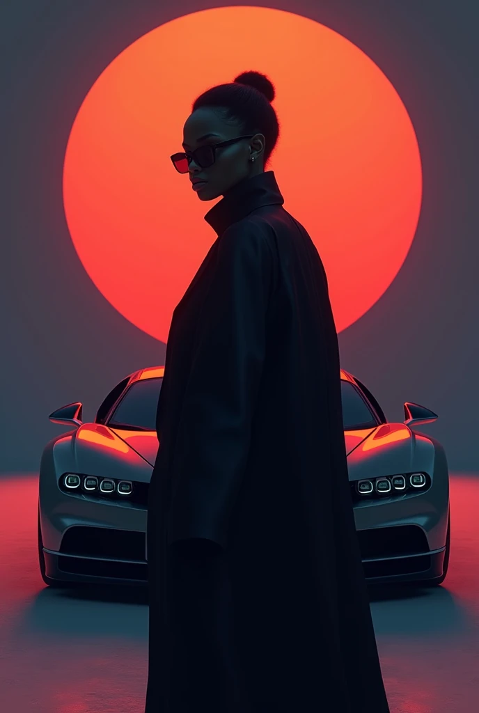 Visual design from an AI-generated content (AIGC) artist, 2024. In the foreground is a black fashion models. A Bugatti Chiron and moon in a in a solid color background, with light and shadow effects. The composition is symmetrical, The background color gradients to a red tone, with highlighted color shadows. The style is minimalist, and the image is high resolution, suitable for a poster.