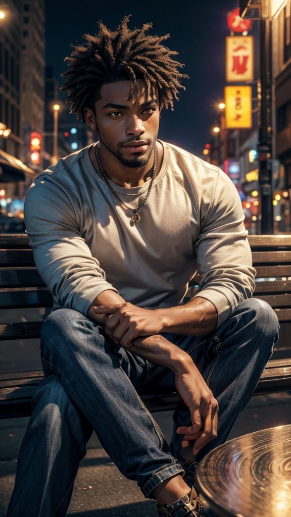 In the ultra-high-definition, 8k photorealistic image, an African American male is depicted sitting alone in a public setting, daydreaming with a slight smile. The man exudes a sense of tranquility, with his dark skin glowing under the romantic background of city night lights. Every detail is captured flawlessly, from the strands of his hair to the creases in his clothing. The image is so lifelike that it almost seems as though the man could step out of the frame. With vibrant colors and stunning clarity, this captivating portrait invites viewers to immerse themselves in the beauty of the moment.
