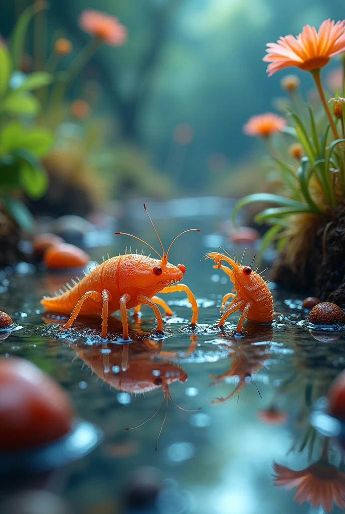 colorful, highly detailed macro shot of the complicated life in a puddle