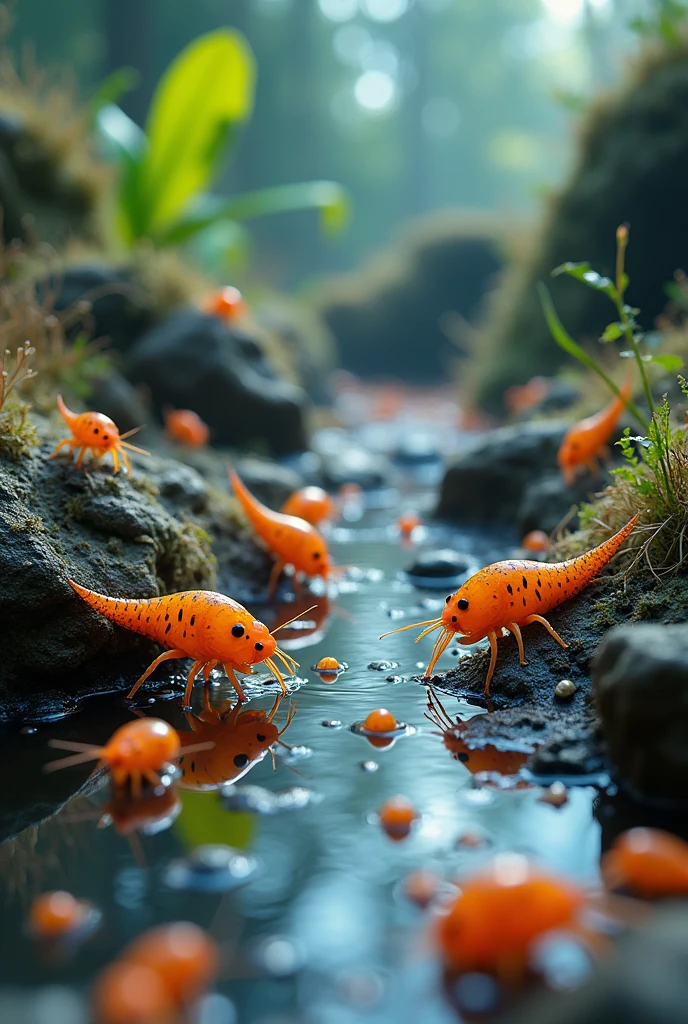 colorful, highly detailed macro shot of the complicated life in a puddle