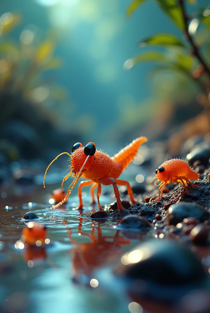 colorful, highly detailed macro shot of the complicated life in a puddle