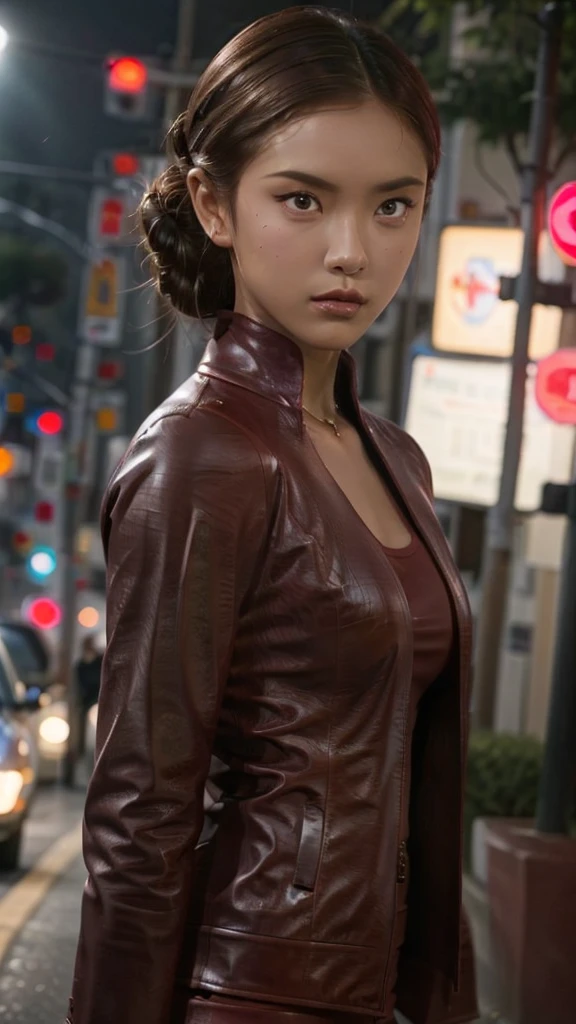 best quality, realistic, front pov, KristannaTX in a los angeles city street, (a female Indonesian supermodel), (wine red leather jacket:1.1), expressionless, stoic face, (dark hair), (updo hair:1.0), perfect eyes, sharp details, detailed face, face makeup, cheeks blush, eyeliner, eyeshadows, lip gloss, supermodel, (deep focus), (cinematic), (hard lighting), (night time), (dark lighting:1.0)