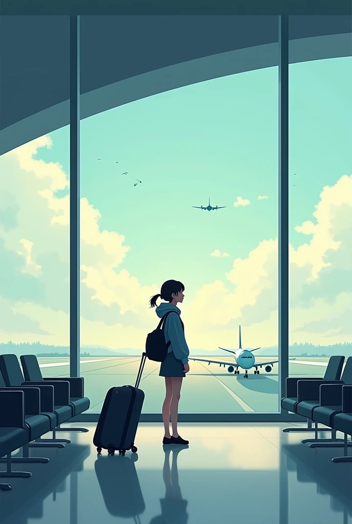 Create a cover image where a girl with log gage is waiting from backside and looking thinking and waiting at airport waiting room and one plane is flying in air showing runway. This image is for the book cover. Make it artistic