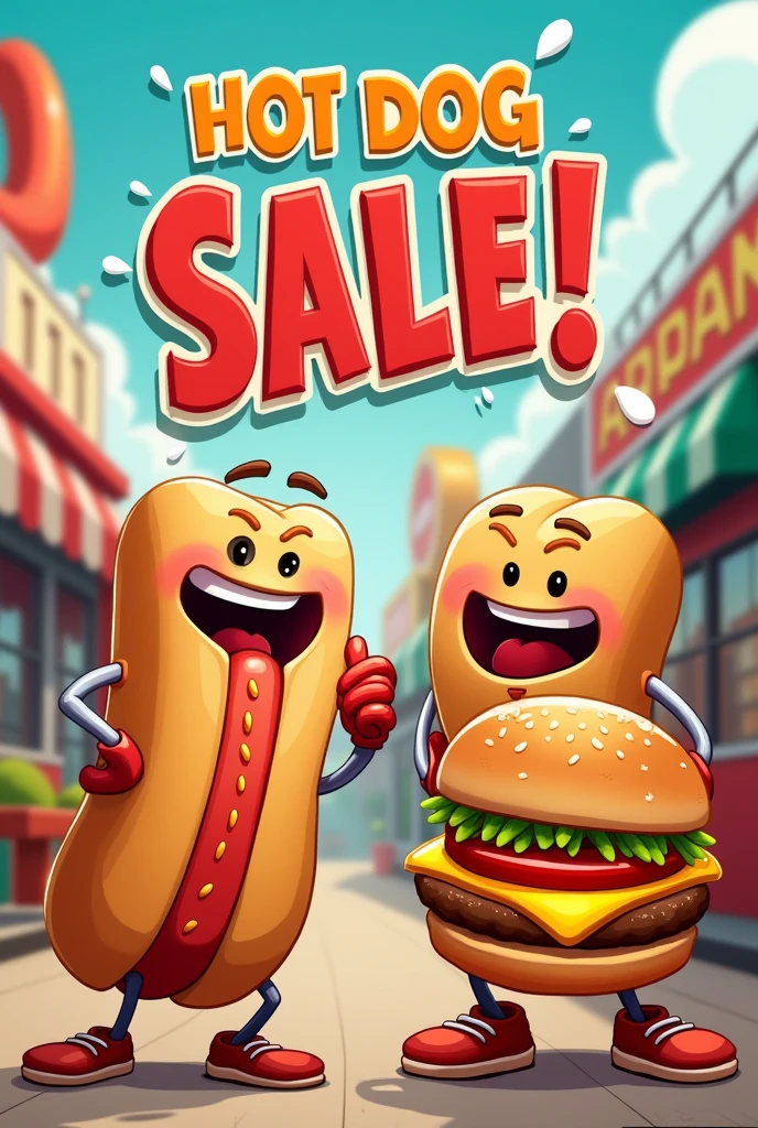 Poster for the sale of hot dogs and hamburgers, something different and animated, not very difficult to understand eye-catching, without being exaggerated 