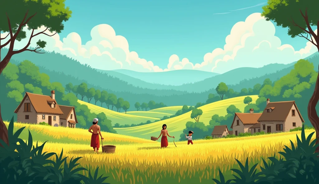 in cinematic 2 cartoon stayle in indian A serene village with simple houses, villagers working in fields, and a dense, mysterious forest in the background